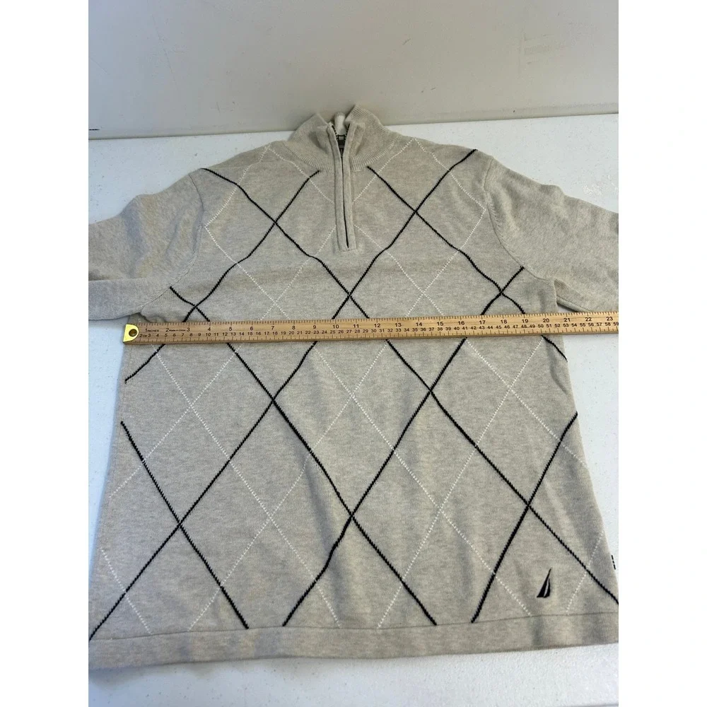 Nautica Mens Argyle Quarter Zip Sweater‎ Gray Cotton Mock Neck Pullover Size M